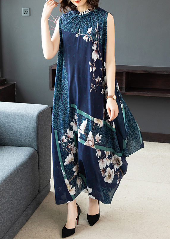 Plus Size Blue Stand Collar Print Silk Long Dresses Sleeveless