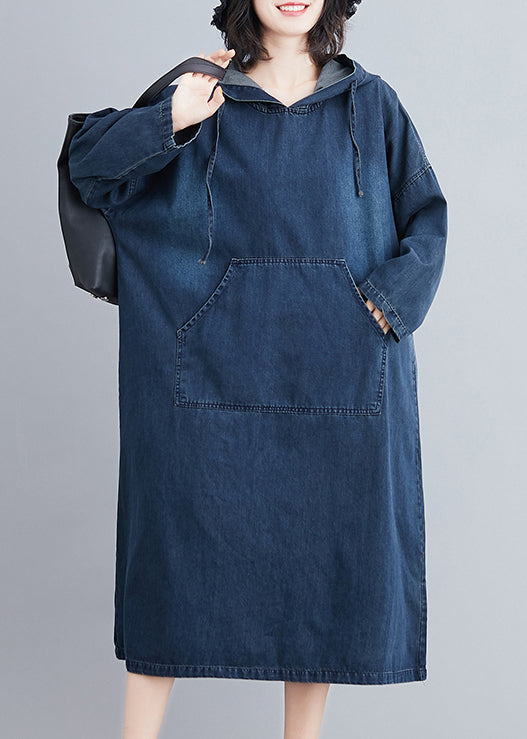 Plus Size Denim Blue Hooded Pockets Denim Long Dress Fall