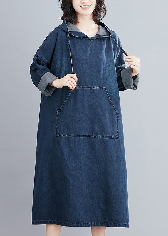 Plus Size Denim Blue Hooded Pockets Denim Long Dress Fall