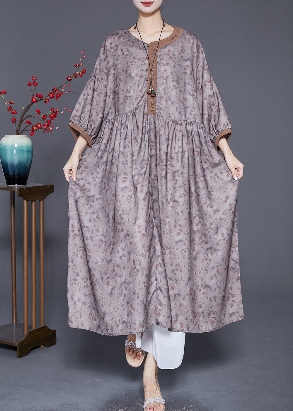 Plus Size Embroideried Print Wrinkled Linen Robe Dresses Summer