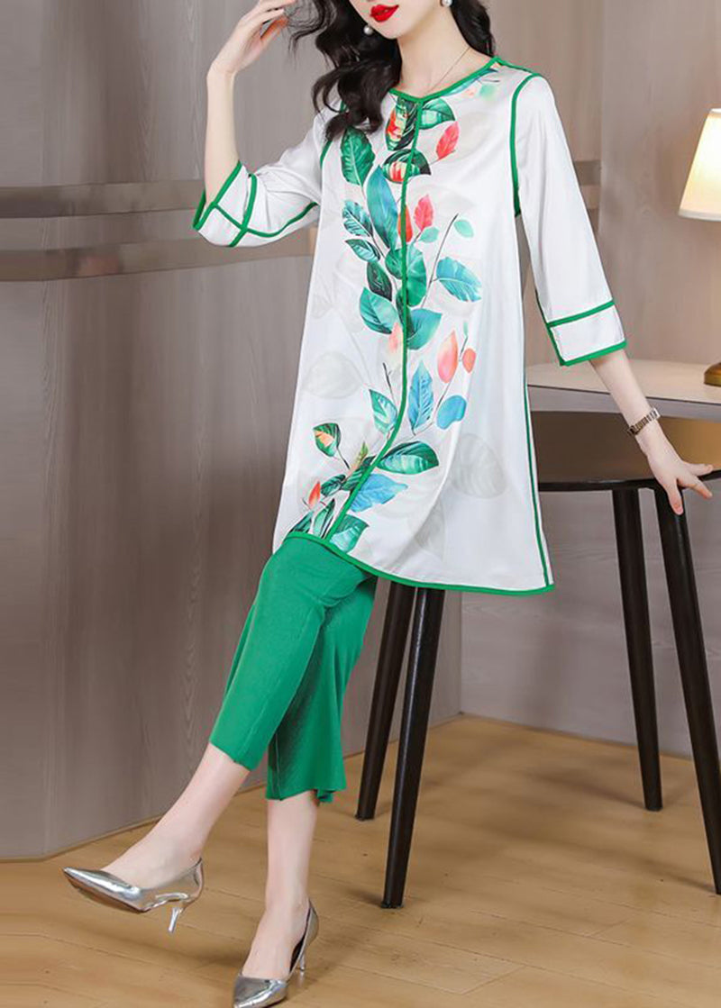Plus Size Green O-Neck Patchwork Print Silk Two Pieces Set Summer