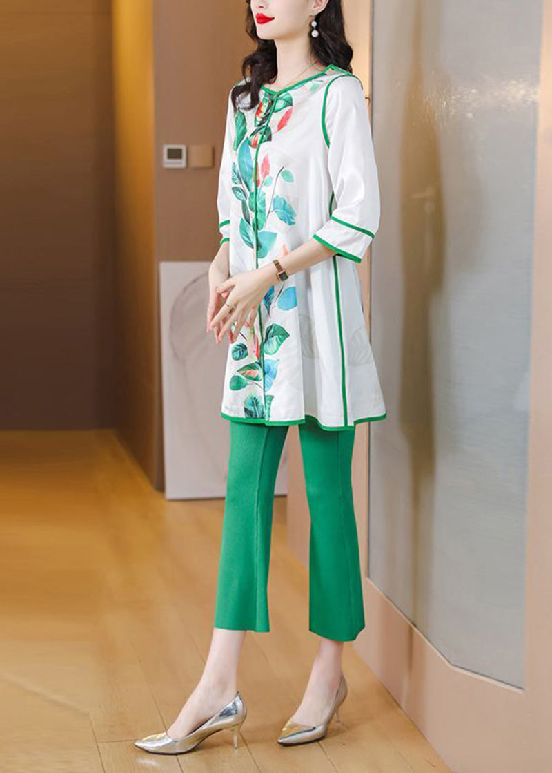 Plus Size Green O-Neck Patchwork Print Silk Two Pieces Set Summer
