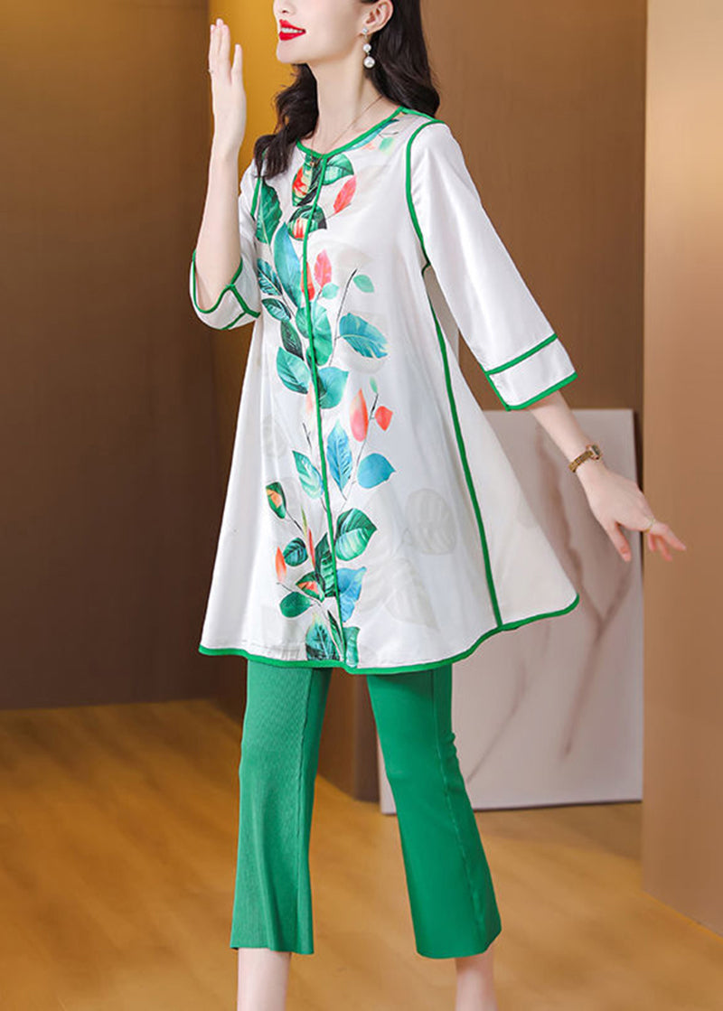 Plus Size Green O-Neck Patchwork Print Silk Two Pieces Set Summer