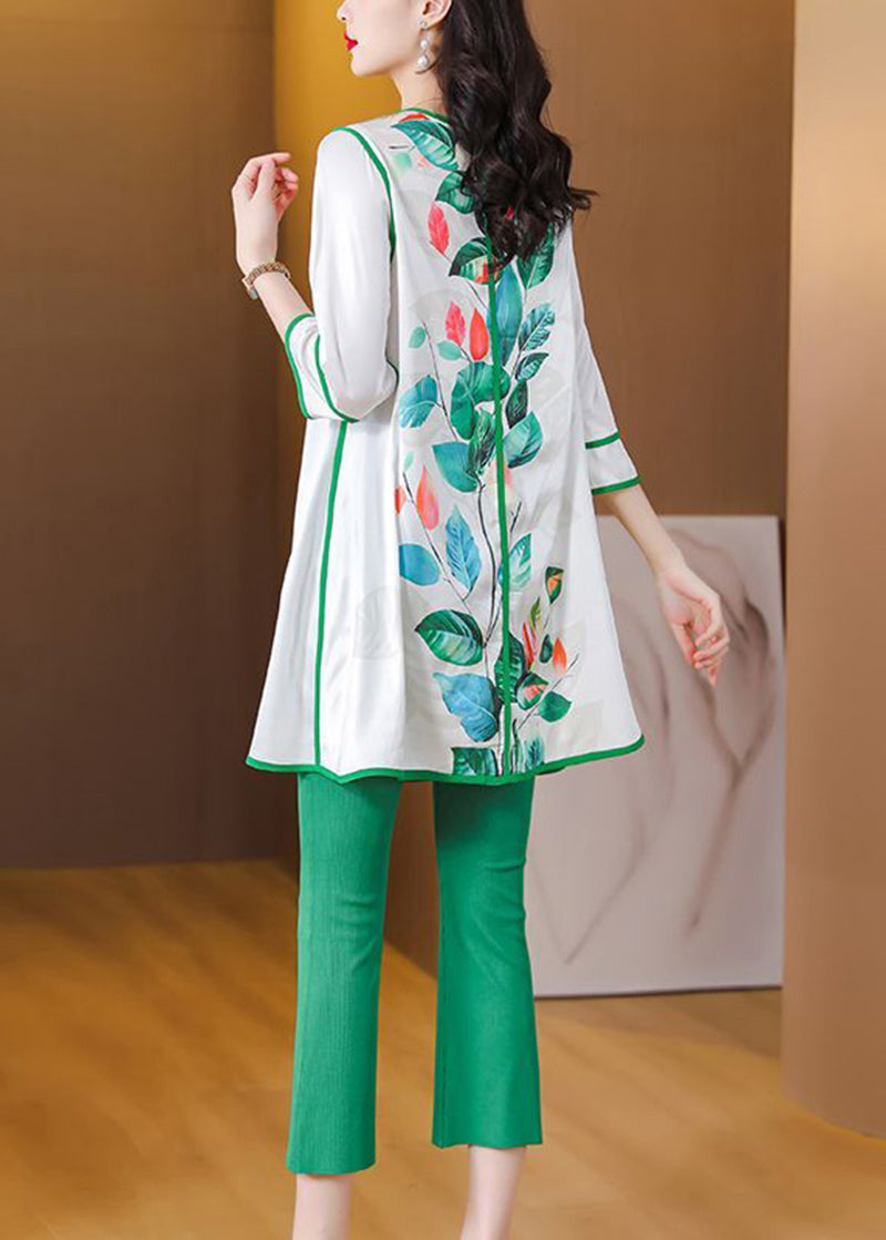 Plus Size Green O-Neck Patchwork Print Silk Two Pieces Set Summer