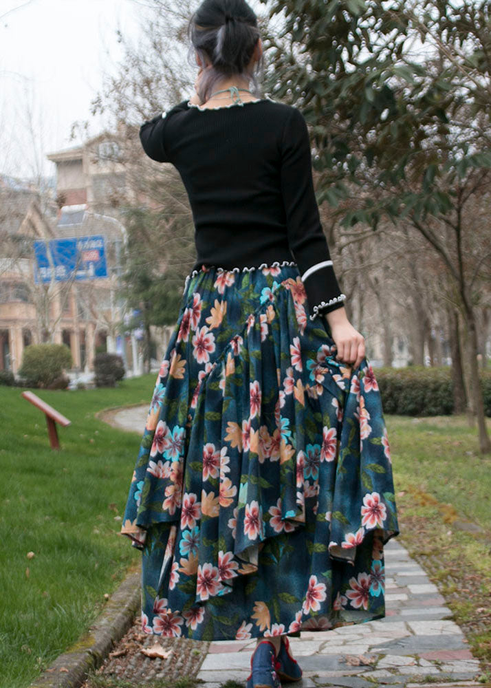 Vintage Floral Wrinkled Asymmetrical Print Patchwork Cotton Skirt Fall