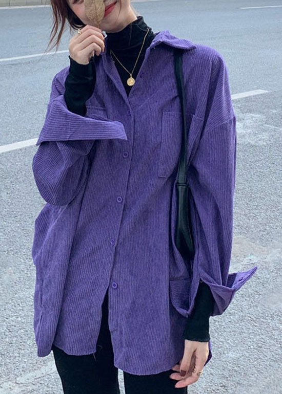 Plus Size Purple button Peter Pan Collar Silk Velour shirt Spring
