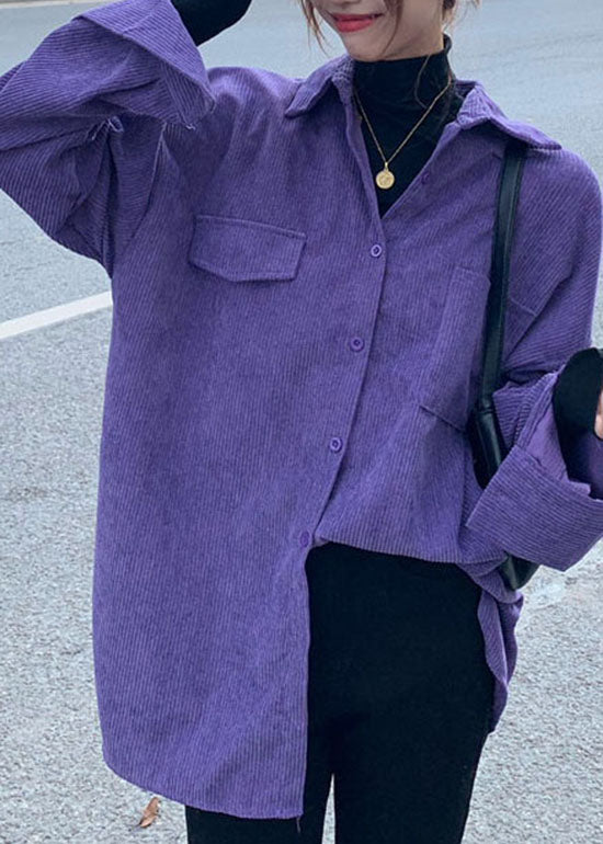 Plus Size Purple button Peter Pan Collar Silk Velour shirt Spring