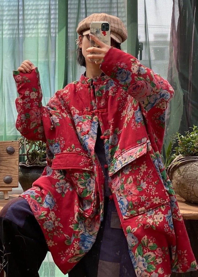 Plus Size Red Stand Collar Pockets Print Fine Cotton Filled Trench Coat Winter