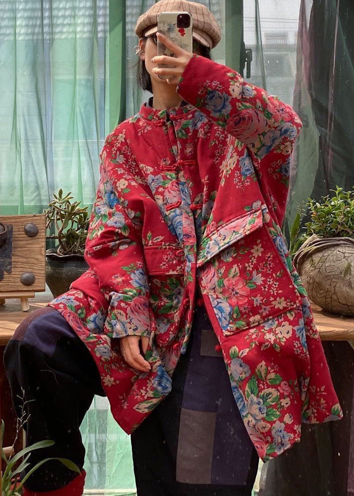 Plus Size Red Stand Collar Pockets Print Fine Cotton Filled Trench Coat Winter