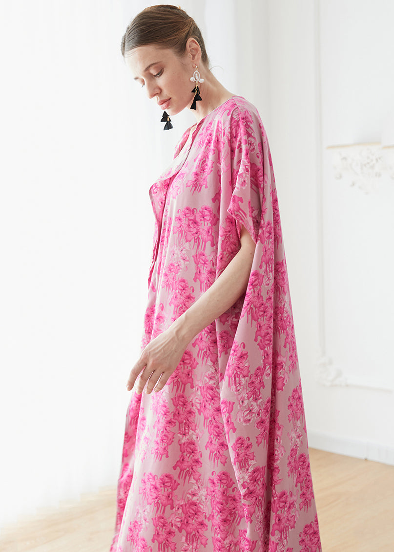 Plus Size Rose V Neck Print Chiffon Robe Dresses Summer