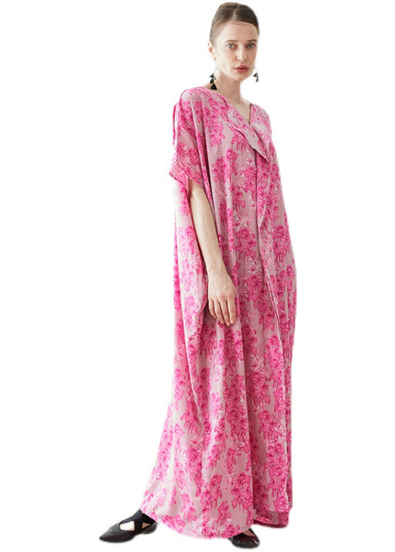 Plus Size Rose V Neck Print Chiffon Robe Dresses Summer