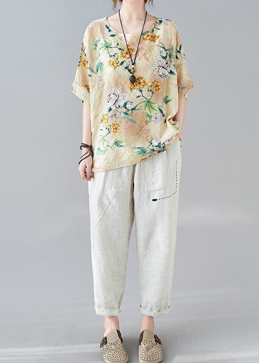 Plus Size Yellow Print Batwing Sleeve Cotton Linen Summer Top - Omychic