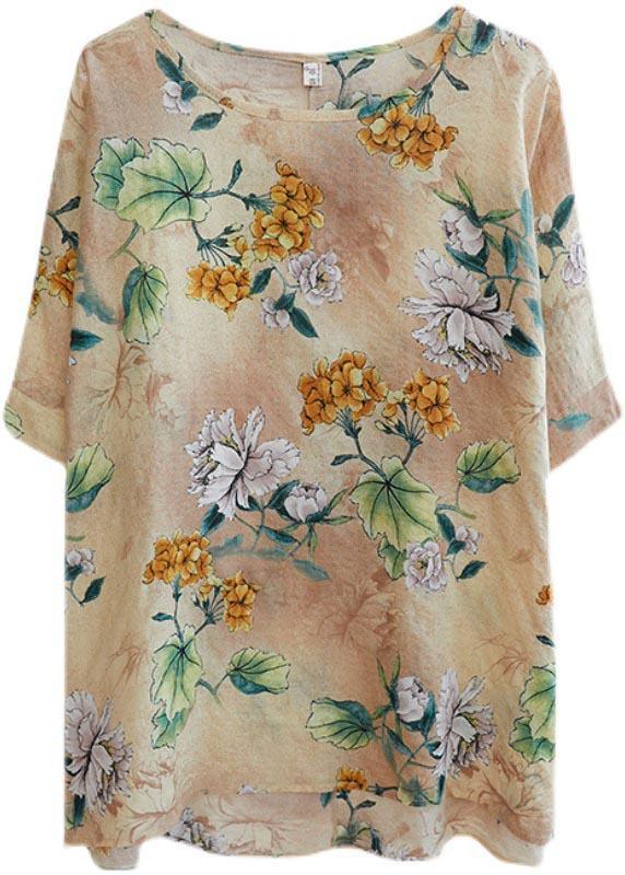 Plus Size Yellow Print Batwing Sleeve Cotton Linen Summer Top - Omychic