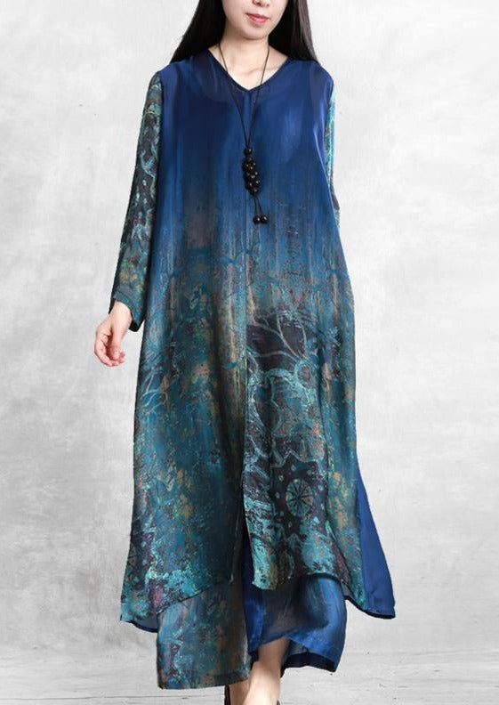 Plus size loose-blend silk blue printed suit women's V-neck shirt + wide-leg pants - Omychic