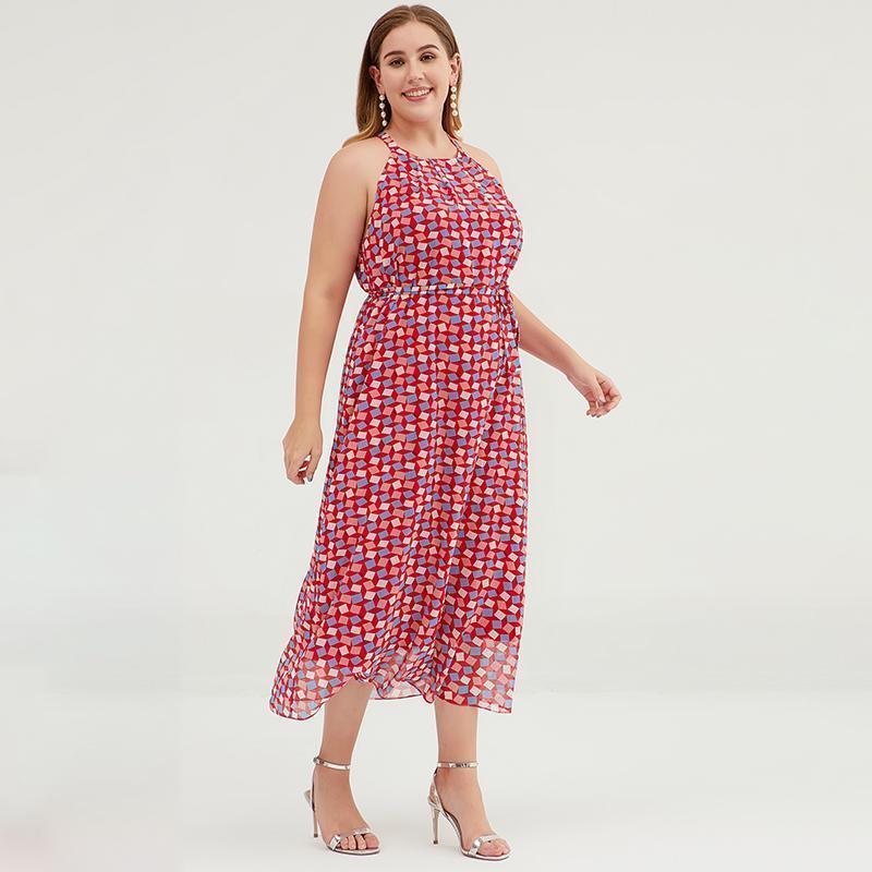 Plus Size Geometric Printed Adjustable Halter Maxi Dress - Omychic