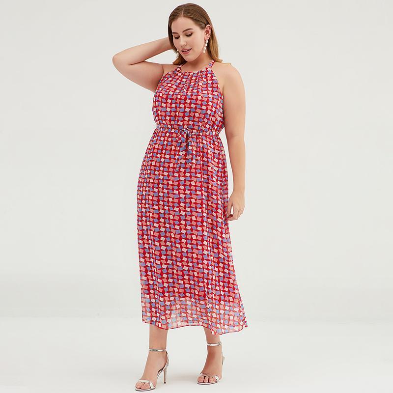 Plus Size Geometric Printed Adjustable Halter Maxi Dress - Omychic
