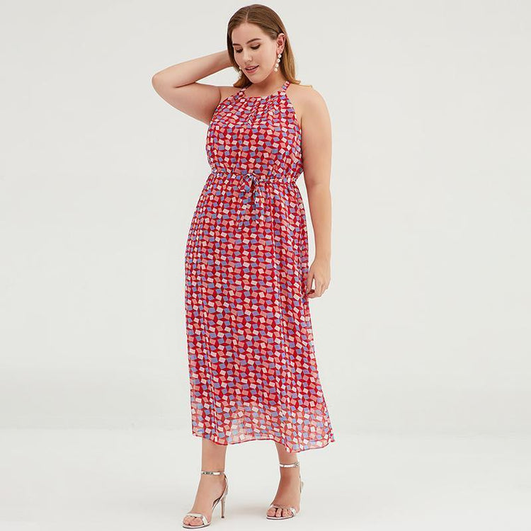 Plus Size Geometric Printed Adjustable Halter Maxi Dress - Omychic
