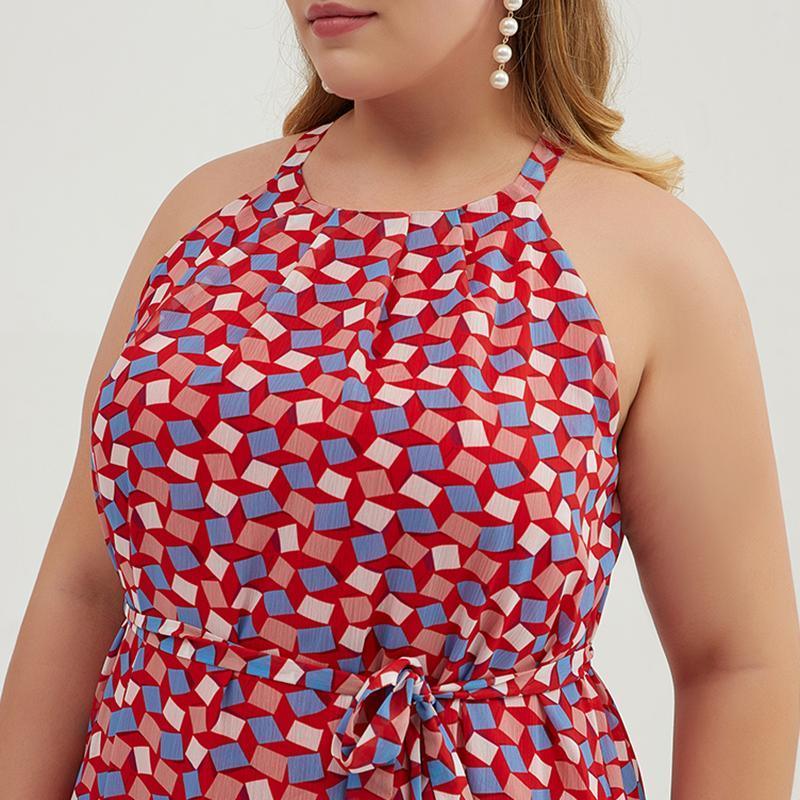 Plus Size Geometric Printed Adjustable Halter Maxi Dress - Omychic