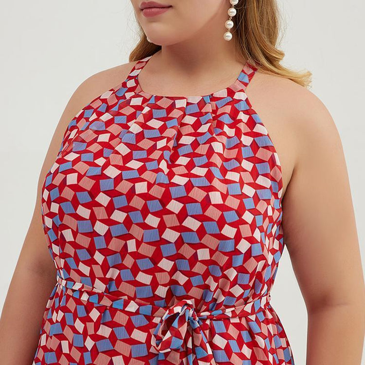 Plus Size Geometric Printed Adjustable Halter Maxi Dress - Omychic