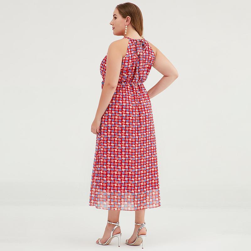 Plus Size Geometric Printed Adjustable Halter Maxi Dress - Omychic