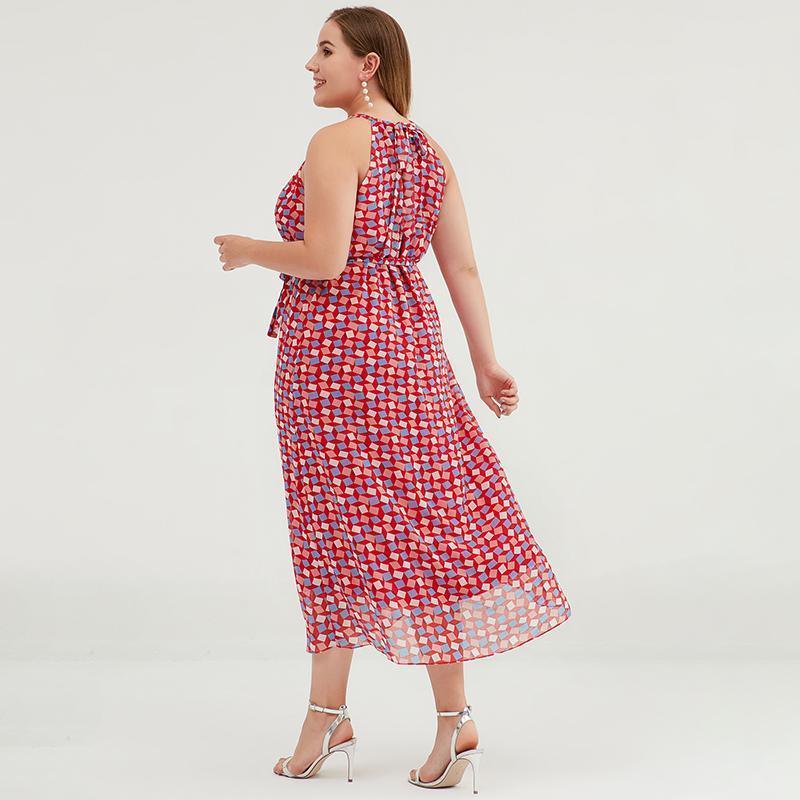 Plus Size Geometric Printed Adjustable Halter Maxi Dress - Omychic