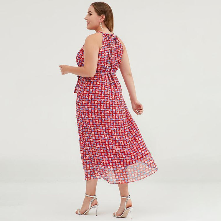 Plus Size Geometric Printed Adjustable Halter Maxi Dress - Omychic