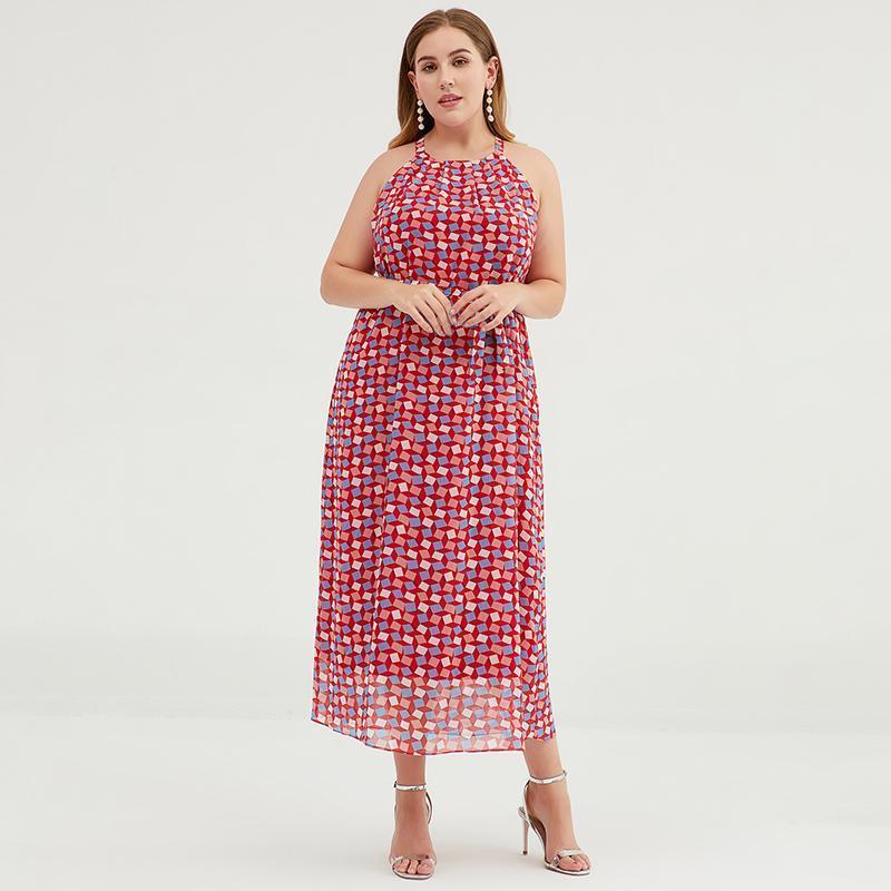 Plus Size Geometric Printed Adjustable Halter Maxi Dress - Omychic