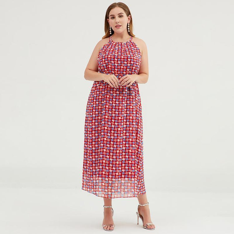 Plus Size Geometric Printed Adjustable Halter Maxi Dress - Omychic