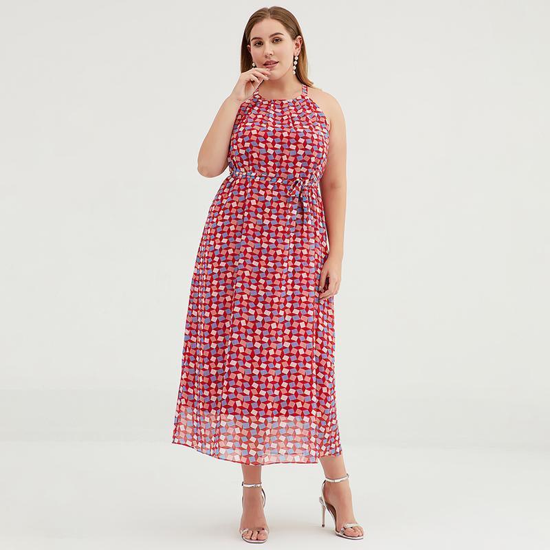 Plus Size Geometric Printed Adjustable Halter Maxi Dress - Omychic