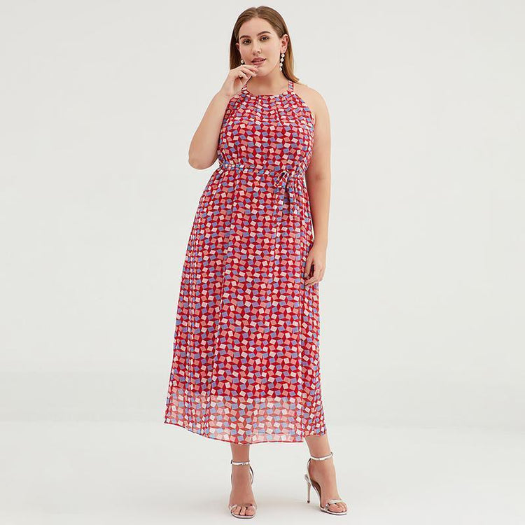 Plus Size Geometric Printed Adjustable Halter Maxi Dress - Omychic