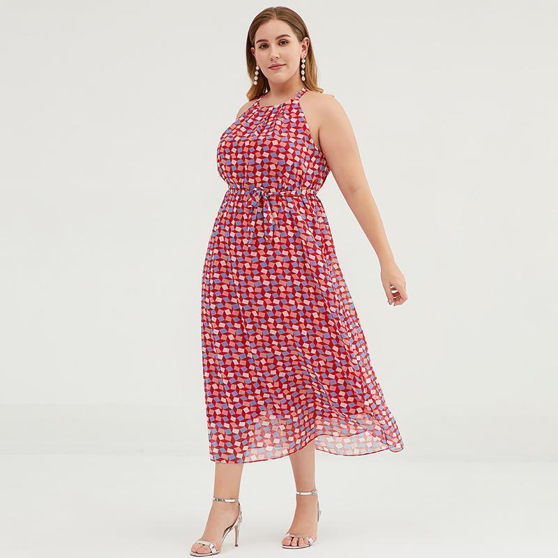 Plus Size Geometric Printed Adjustable Halter Maxi Dress - Omychic