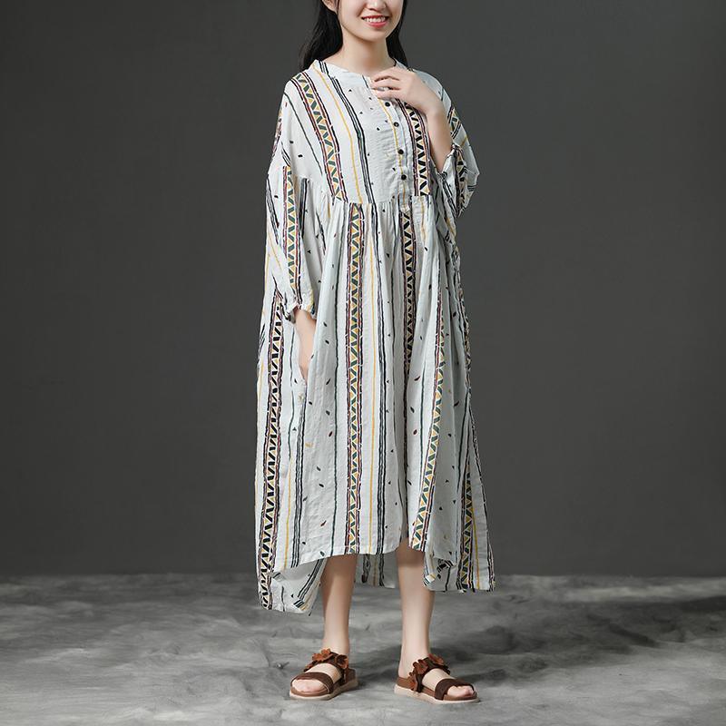 Printing Beige Women Stand Collor Cotton Dress - Omychic