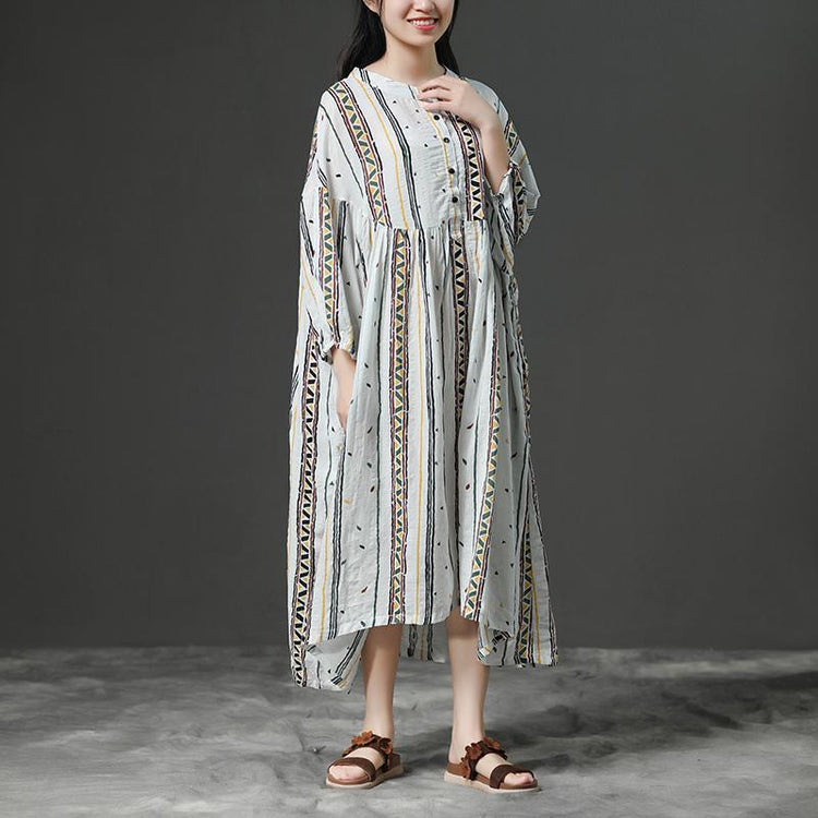 Printing Beige Women Stand Collor Cotton Dress - Omychic