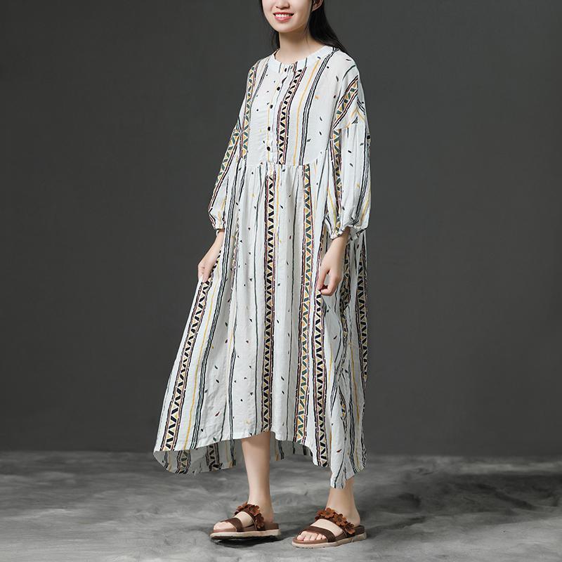 Printing Beige Women Stand Collor Cotton Dress - Omychic