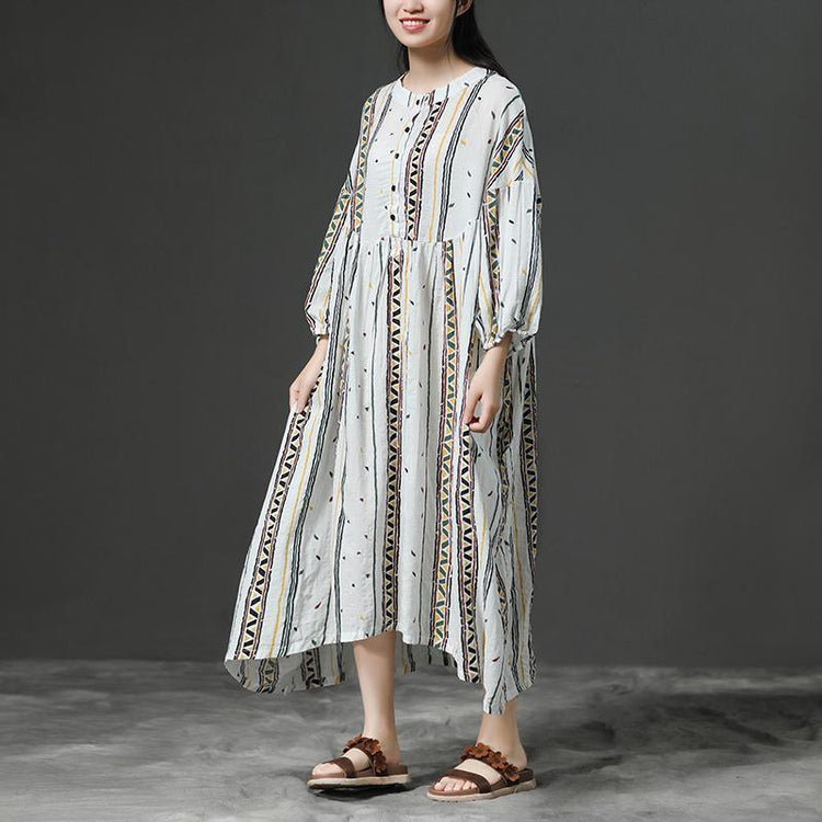 Printing Beige Women Stand Collor Cotton Dress - Omychic