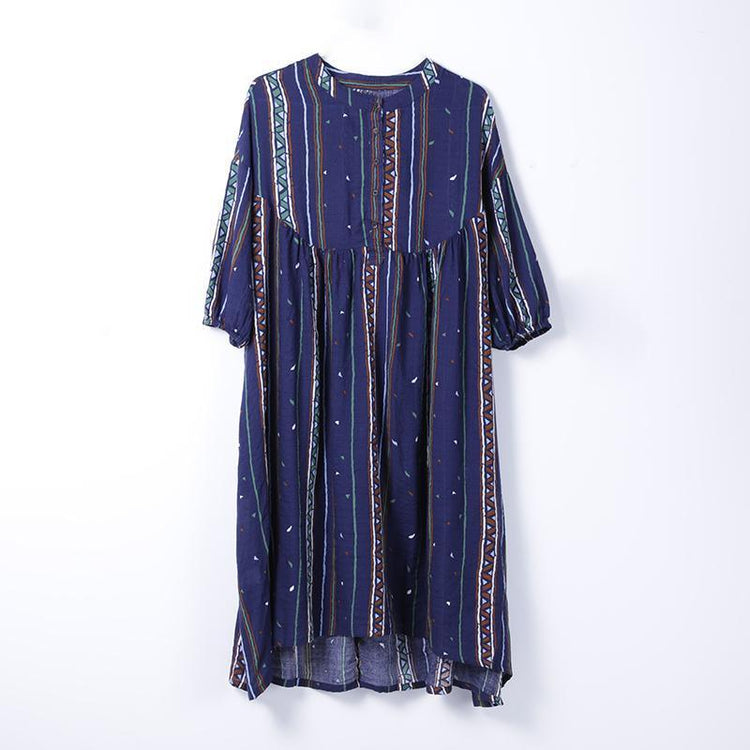 Printing Beige Women Stand Collor Cotton Dress - Omychic