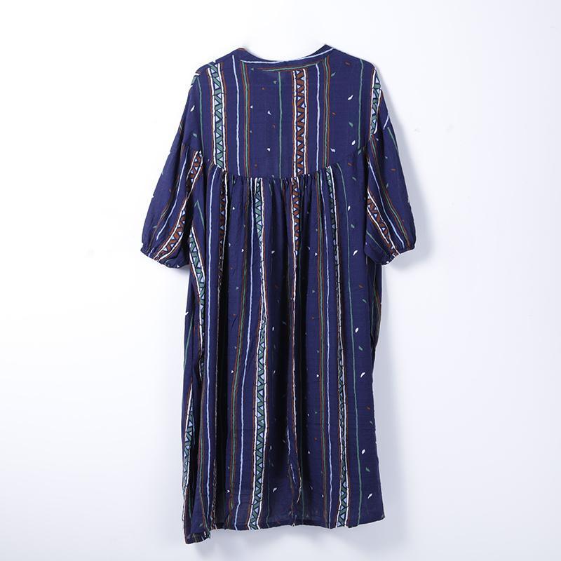 Printing Beige Women Stand Collor Cotton Dress - Omychic