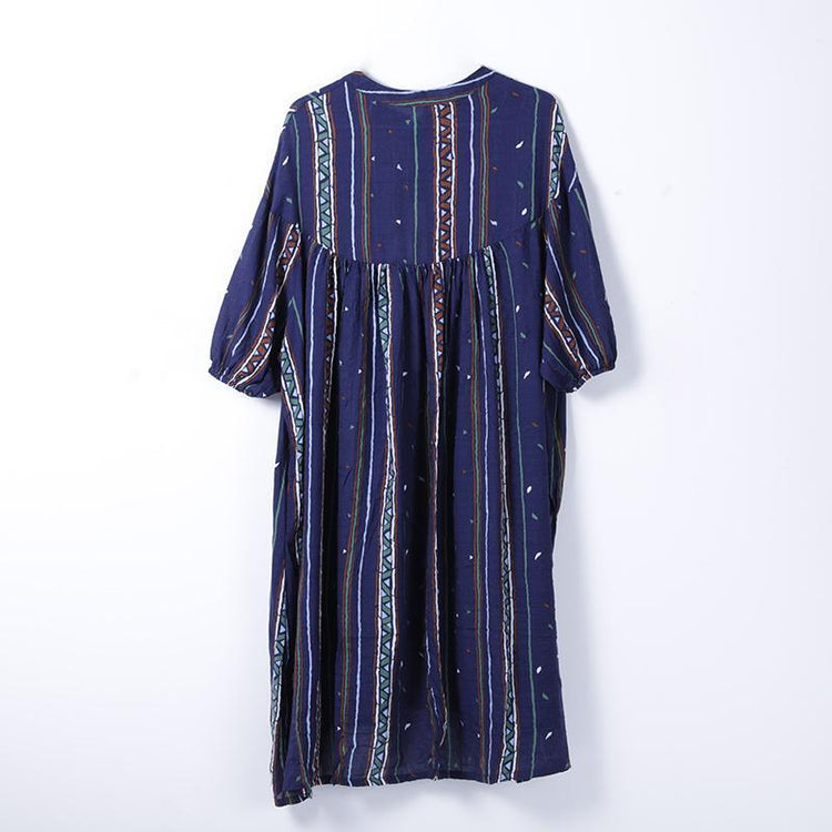 Printing Beige Women Stand Collor Cotton Dress - Omychic