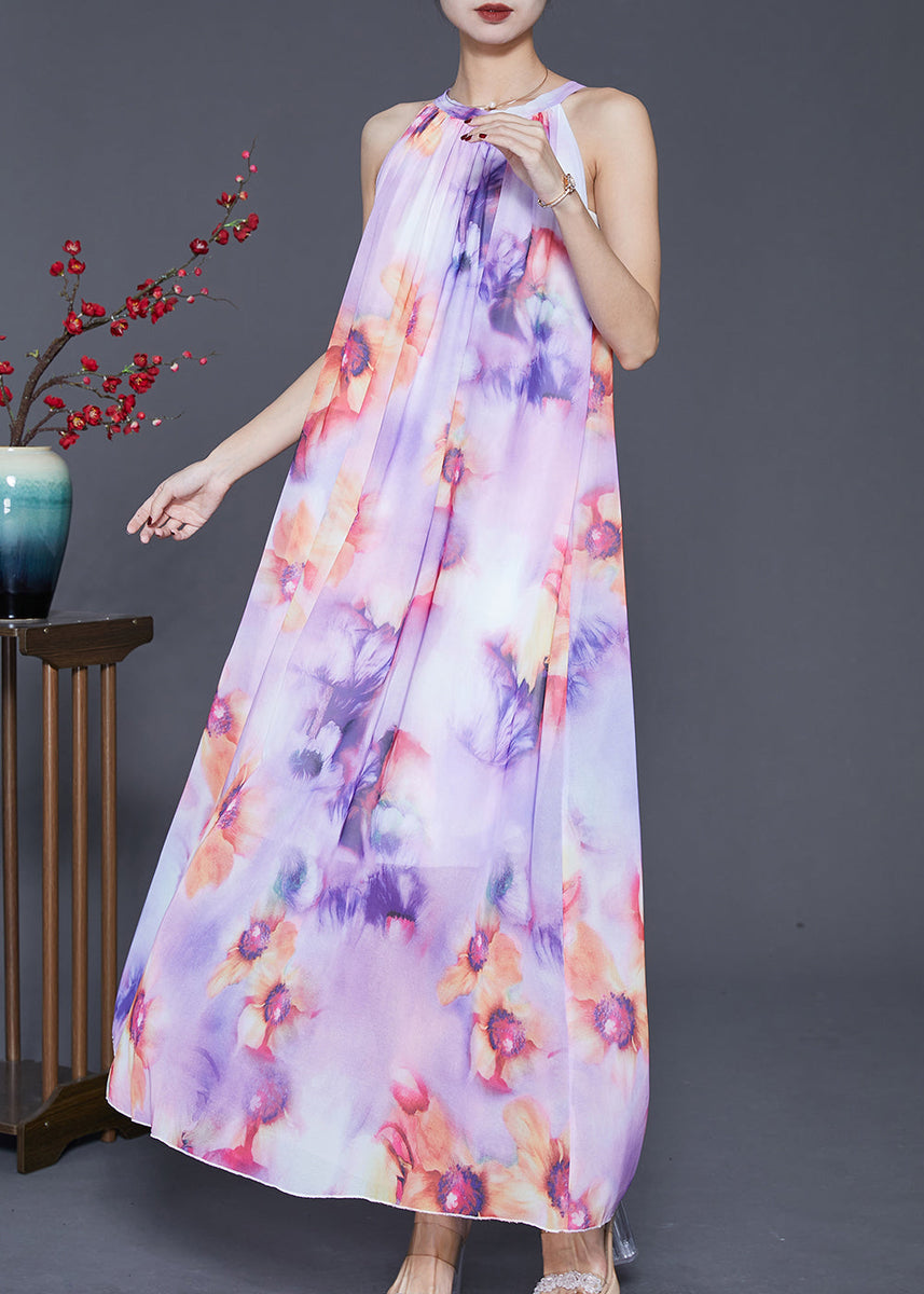 Purple Print Chiffon Beach Dresses Cold Shoulder Summer – Omychic