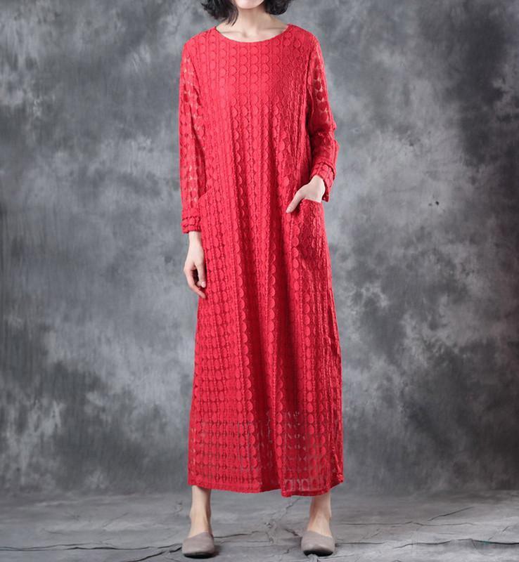 Round Neck Lace Long Sleeve Lining Women Red Dress - Omychic