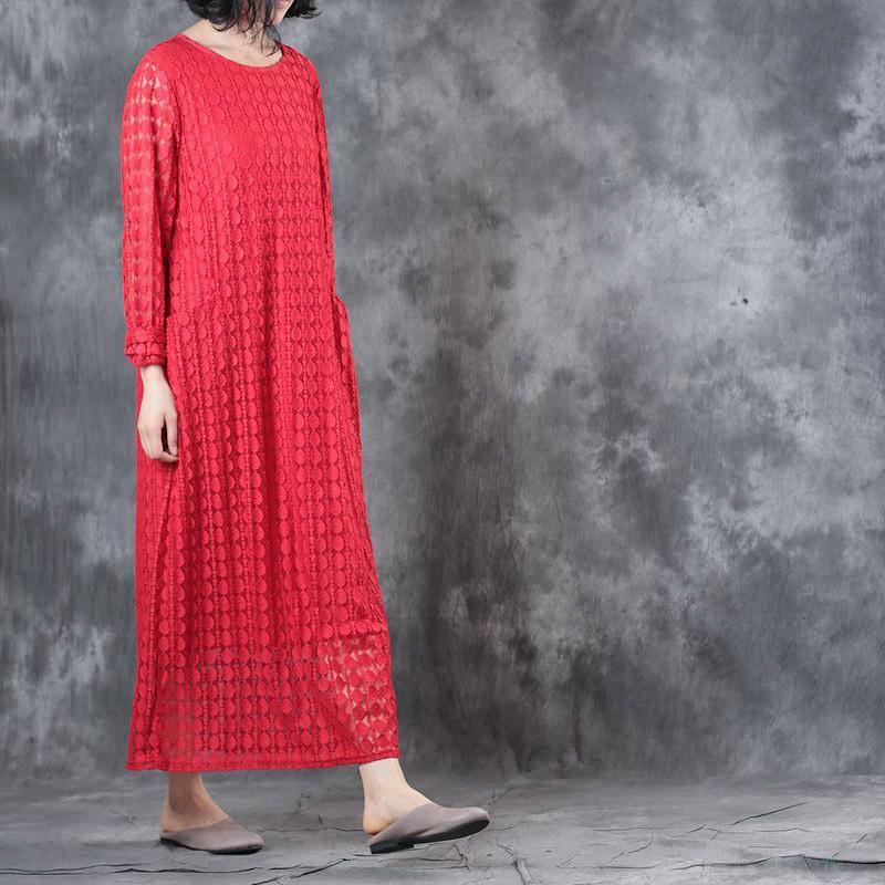 Round Neck Lace Long Sleeve Lining Women Red Dress - Omychic