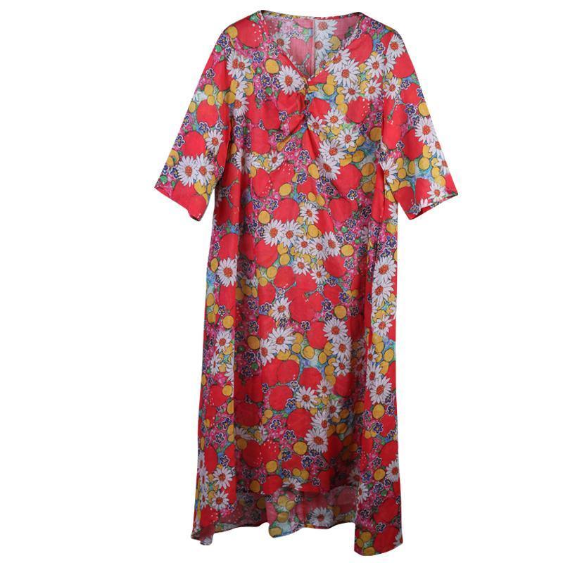 Ramie V-Neck Print Linen Women Dress - Omychic