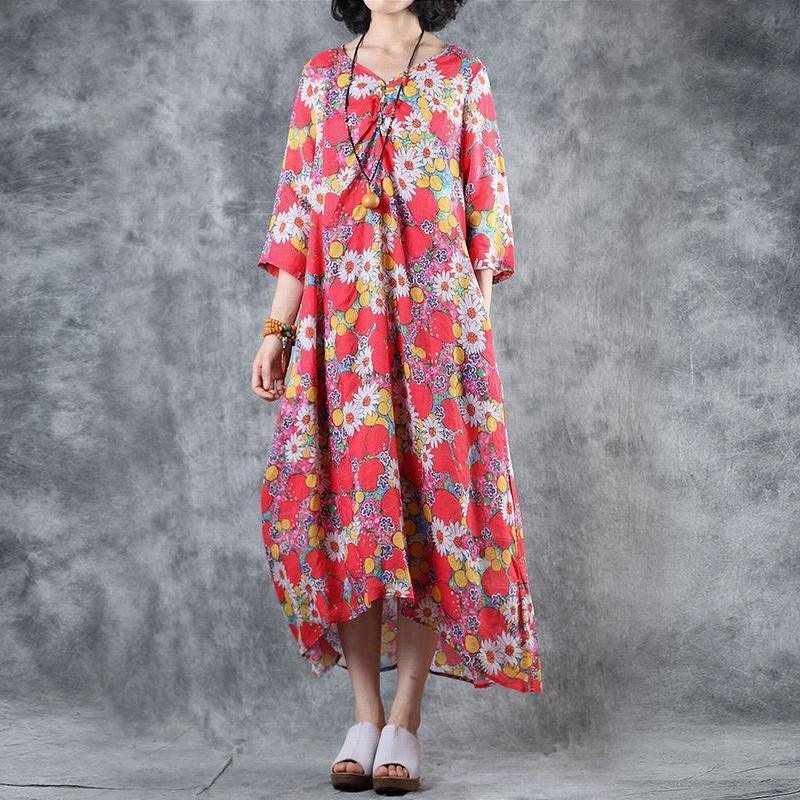 Ramie V-Neck Print Linen Women Dress - Omychic