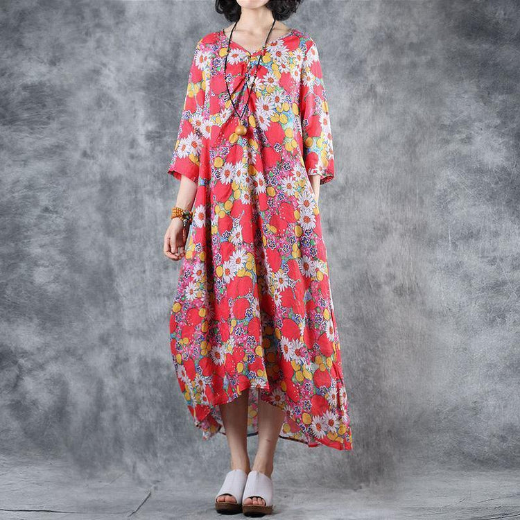 Ramie V-Neck Print Linen Women Dress - Omychic