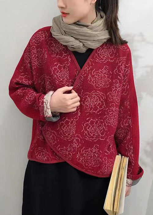 Red Button Patchwork Woolen Coats V Neck Long Sleeve