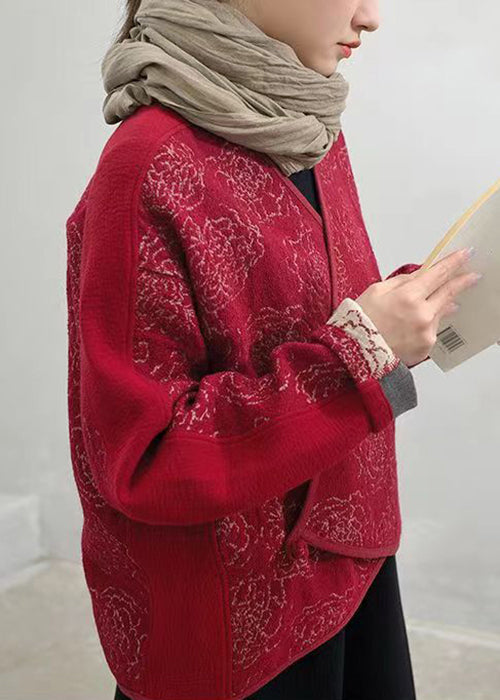 Red Button Patchwork Woolen Coats V Neck Long Sleeve