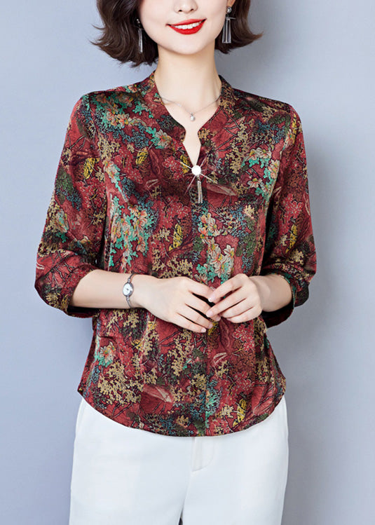 Red Button Silk Tops Long Sleeve