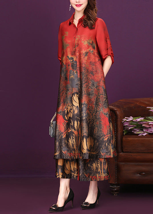 Red Peter Pan Collar Silk Long Shirts And Wide Leg Pants Two Piece Set Summer