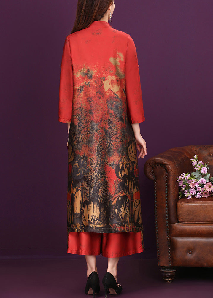 Red Peter Pan Collar Silk Long Shirts And Wide Leg Pants Two Piece Set Summer