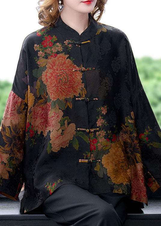 Retro Black Floral Print Stand Collar Oriental Button Silk Coats Long Sleeve